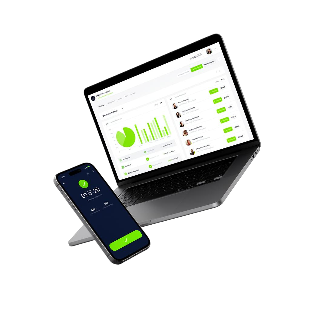 Plataforma de sistema de ponto white label da Vértice em notebook e smartphone